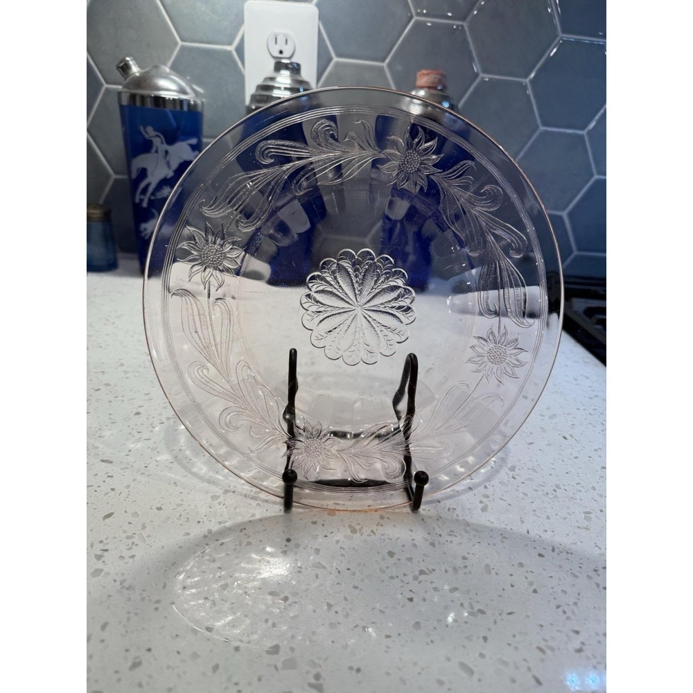 HTF Jeannette Sunflower Pink 9" Luncheon Dinner Plate Depression Glass